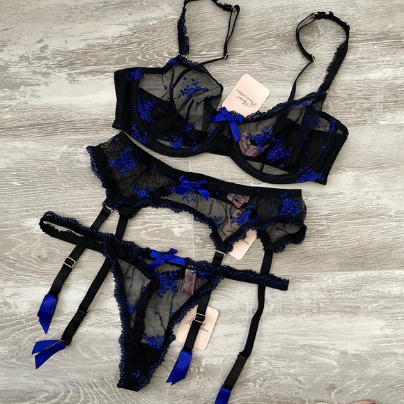 Agent Provocateur Other - NWT Agent Provocateur Black Blue Sheer Bra Suspender Thong Set 34C 3 3